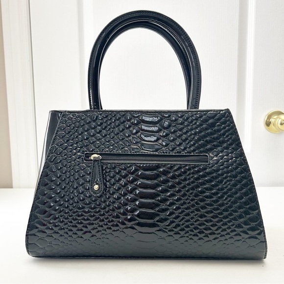 Elegant Black Textured Handbag Purse Structured Shoulder Bag Patent Faux Leather - Picture 4 of 16